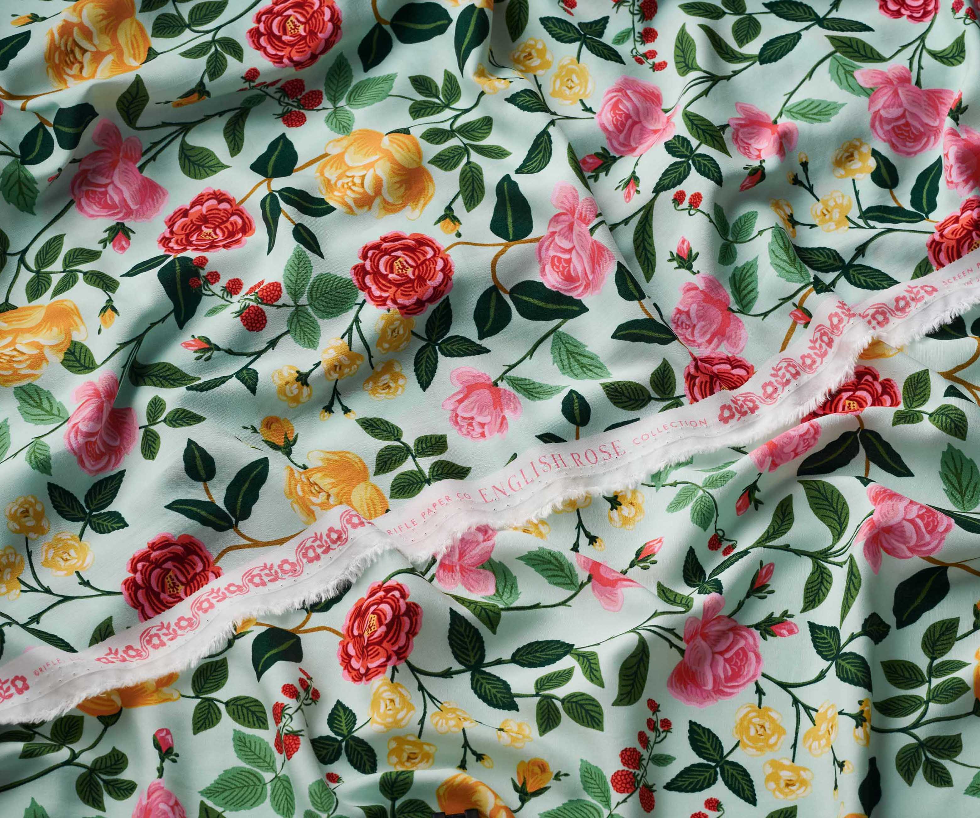 Roses Rayon Fabric - Mint